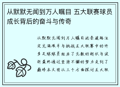 从默默无闻到万人瞩目 五大联赛球员成长背后的奋斗与传奇 从默默无闻到万人瞩目 五大联赛球员成长背后的奋斗与传奇