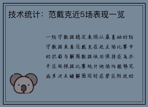 技术统计：范戴克近5场表现一览