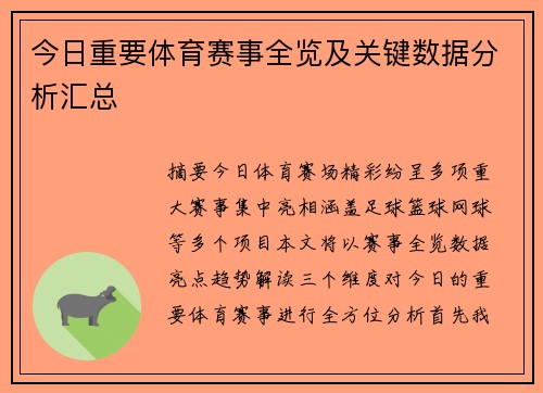 今日重要体育赛事全览及关键数据分析汇总 今日重要体育赛事全览及关键数据分析汇总